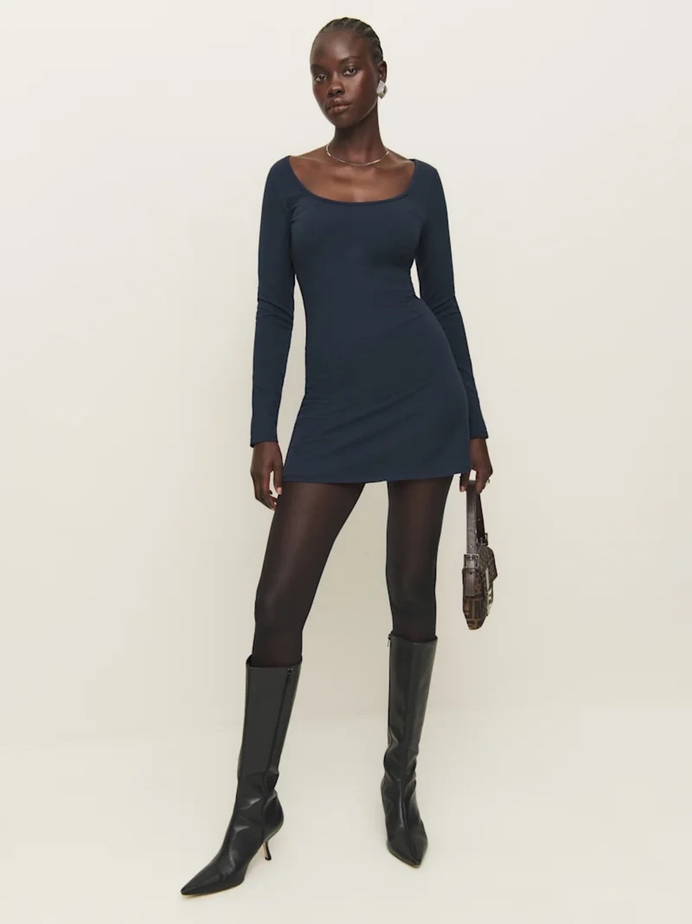 NWT Reformation Alfie Long-Sleeve Scoop Neck Mini Dress in Navy